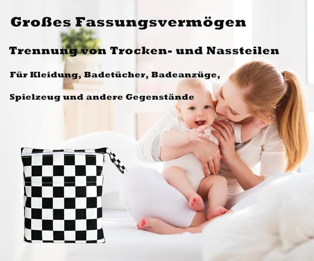 Detalle de TRASUN Wet Bag für Kindergarten & Wickeln – Nasstasche im 2er-Set (Schwarzweiß)