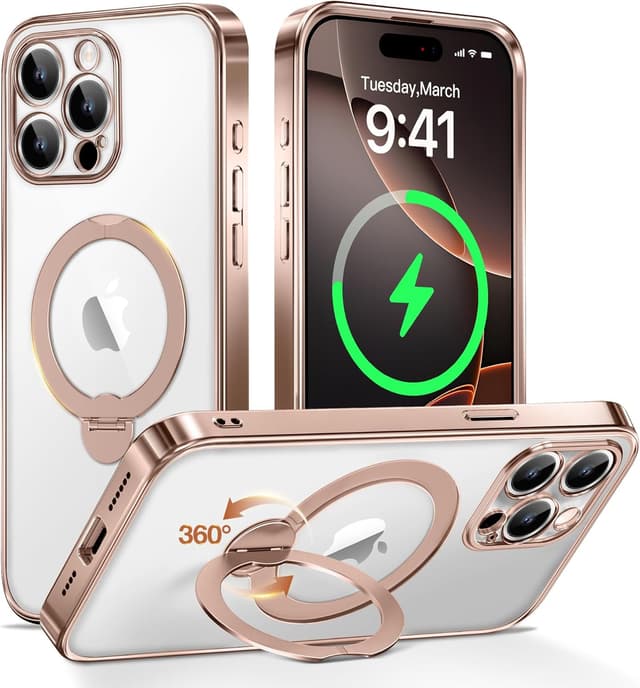 Detalle de Desert Titanium iPhone 15 Pro Max Case with 360° Magnetic Stand (MagSafe Compatible), Rose Gold/Clear