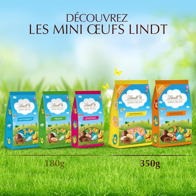 Detalle de Lindt mini œufs Pâques en sachet – assortiment chocolats au lait, pralinés et noirs, 350 g