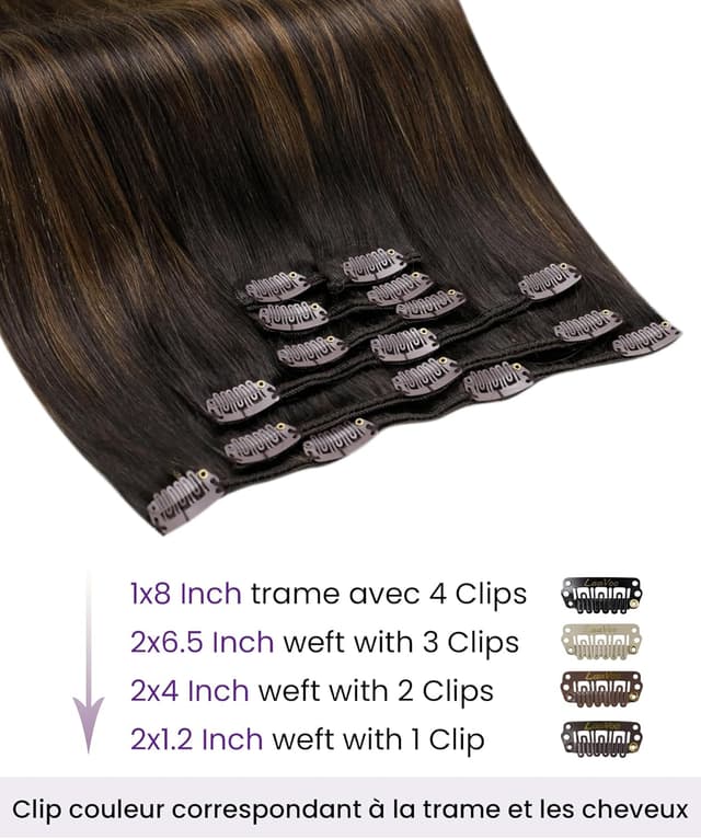Detalle de Extension à clip LaaVoo cheveux naturels double trame – Balayage marron foncé à brun clair (longueur 40 cm, 7 pièces, 120 g)