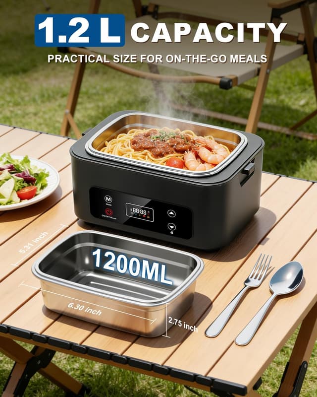 Detalle de Moexili Electric Lunch Box (2026 Upgraded) 1.2L Cordless Heated Lunch Box with Timer, 24,000mAh Battery
