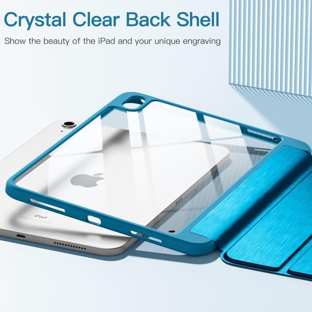 Detalle de Vobafe clear back iPad case with trifold stand, auto sleep/wake and pencil holder (11th gen A16 11-inch / 10th gen 10.9-inch 2022) – Peacock Blue