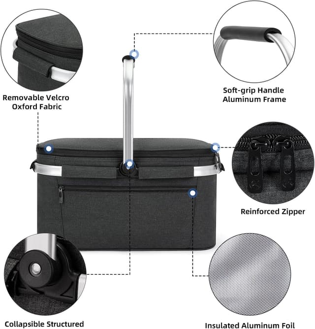 Thumbnail 6 de ALLCAMP Groß faltbare isolierte Kühltasche mit Picknickkorb-Einsatz – Thermo-Einkaufskorb für 2 Personen