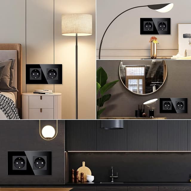 Detalle 2 de LIAONFOY Schuko Doppel-Steckdose mit Kindersicherung & Glasrahmen (Unterputz, schwarz, 2-fach)