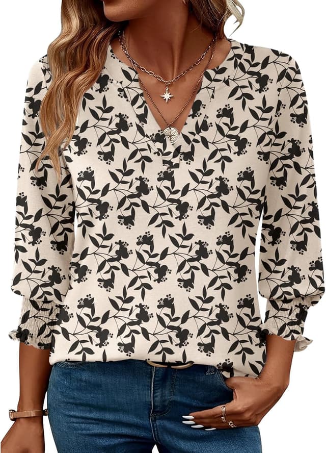 Detalle de Rapbin Damen Bluse mit 3/4-Ärmel, V-Ausschnitt und Blumenmuster (Tunika-Style)