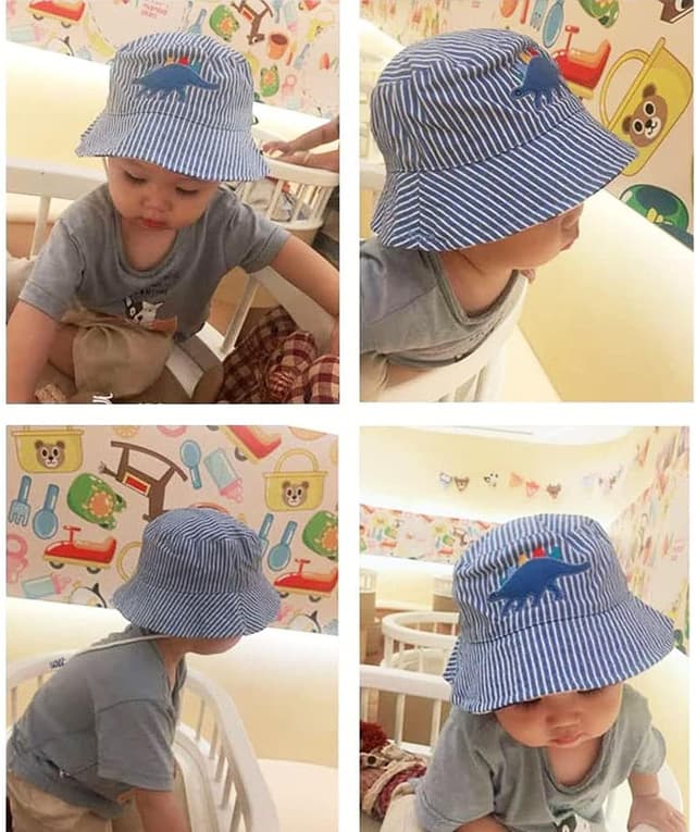 Detalle de FUYAO Kids Cotton Bucket Hat with Dinosaur Embroidery, Adjustable Chin Strap & Wide Brim Sun Protection