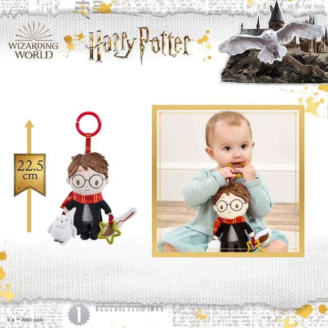 Detalle 2 de Harry Potter On the Go Activity Toy (clip-on pram & pushchair newborn toy) – crinkle broomstick & squeaky owl