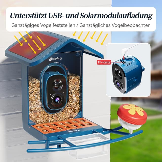 Detalle de Vogelhaus mit Kamera zur KI-Vogelerkennung (AI Identifizieren von Vögeln) – 2K Live View, WLAN 2,4/5 GHz, solarbetrieben