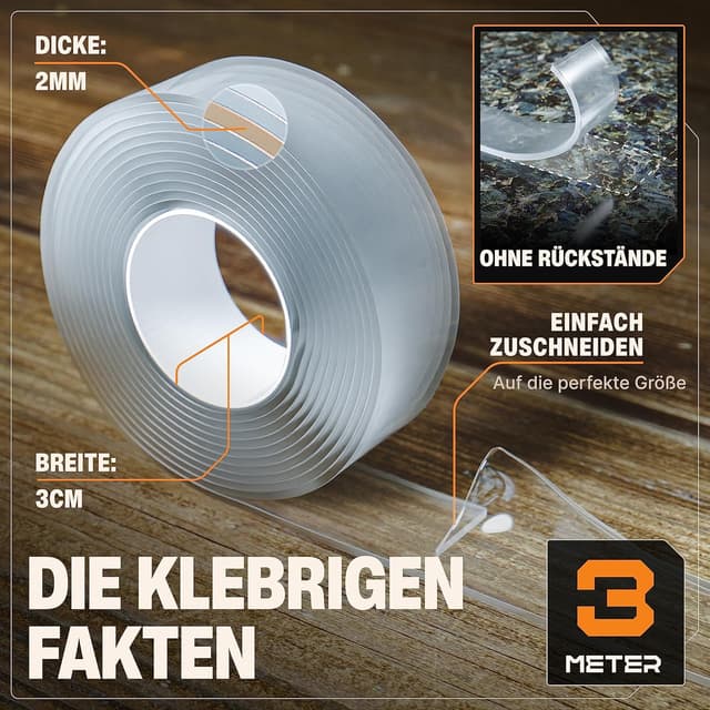 Detalle de BAURIX® Nano Tape doppelseitig (3 m) – transparentes, wiederverwendbares Nano-Klebeband für Wand, Teppich & Deko