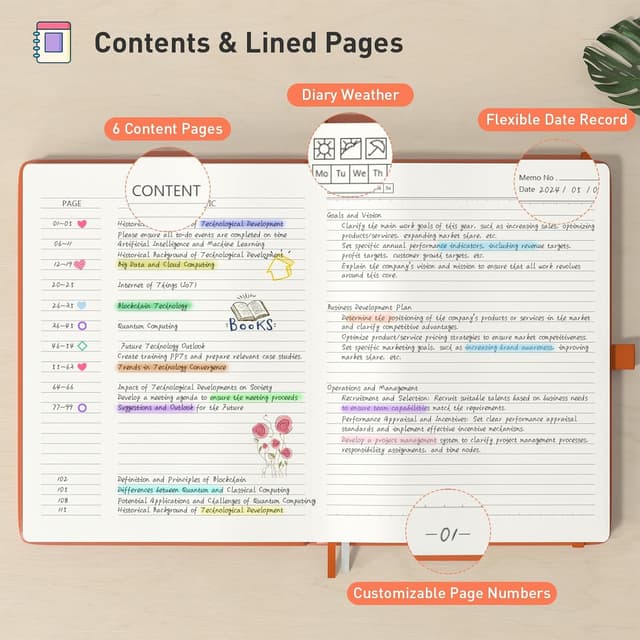 Detalle de Smarpau 320 Pages College Ruled Notebook (B5, 19 x 25 cm) – Orange hardcover leather-style journal with index tabs