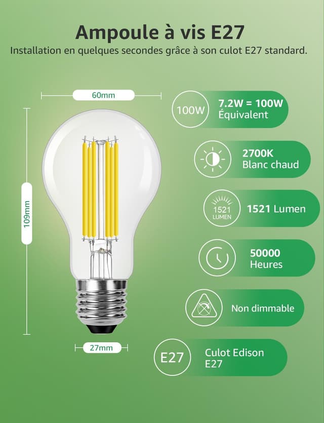 Detalle 2 de Lepro lot de 4 ampoules LED E27 A60 7,2 W (équiv. 100 W) blanc chaud 2700 K, non dimmable