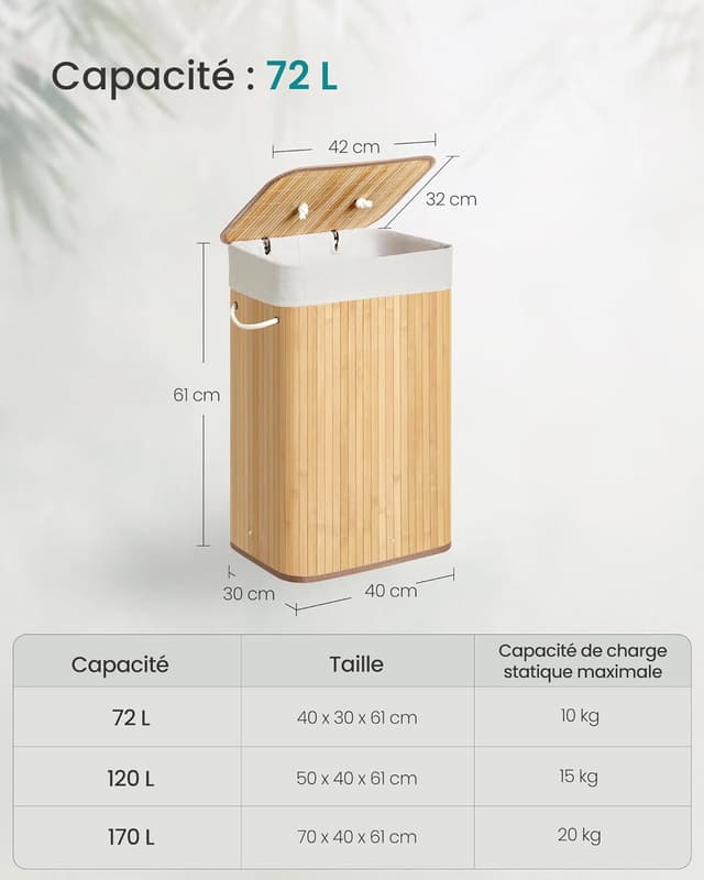 Thumbnail 6 de SONGMICS LCB10Y – Panier à linge en bambou avec couvercle 72 L, pliable et sac amovible lavable