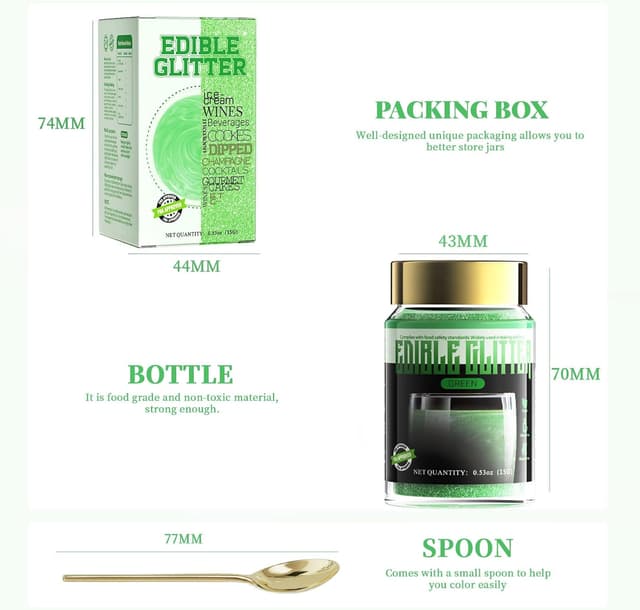 Detalle de ANRZO Paillettes comestibles Premium vert (15 g) pour gâteaux, cupcakes et boissons