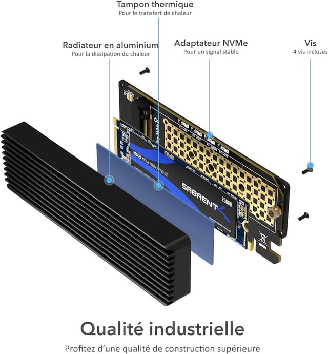 Detalle de SABRENT Adaptateur M.2 NVMe vers PCIe 3.0 x16/x8/x4 avec dissipateur et tampon thermique (EC-PCIE)