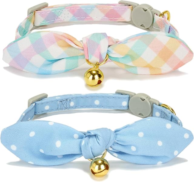 Detalle de YUDOTE Soft Cotton Cat Collar (Pack of 2) with Removable Bowtie, Safety Quick Release Buckle & Bell