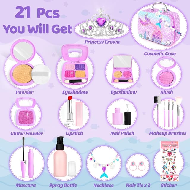 Detalle de INNOCHEER Mermaid Pretend Makeup Kit for Toddlers (Fake Makeup for Girls Purse Play)