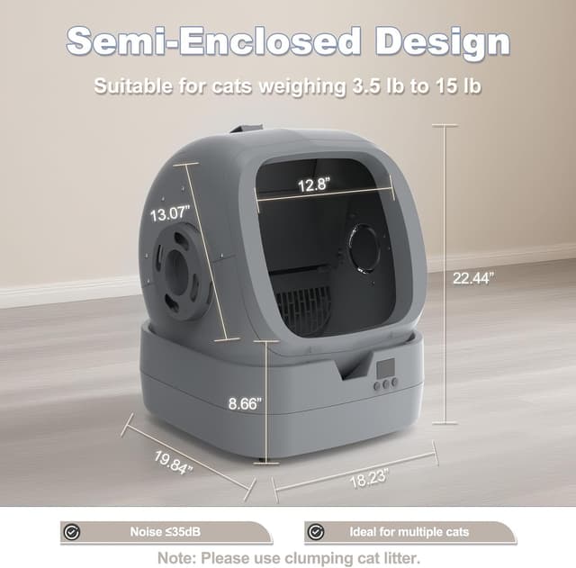 Detalle de UPFAS Automatic Cat Litter Box (Self-Cleaning) with App Control & Weight Monitoring, Ultra-Quiet—Grey