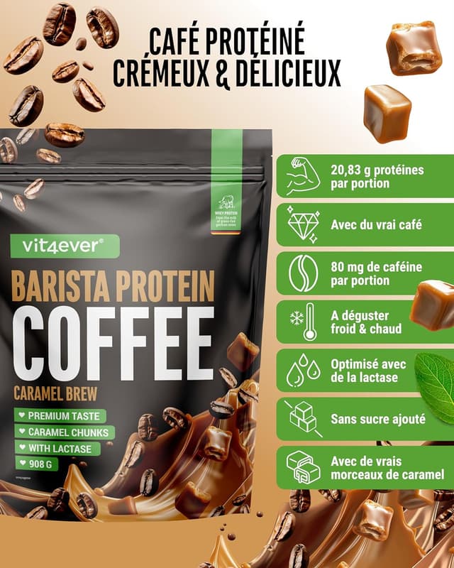 Detalle de Vit4ever Barista Protein Coffee Caramel Brew (908 g) – café protéiné crémeux au caramel, jusqu’à 20 g de protéines