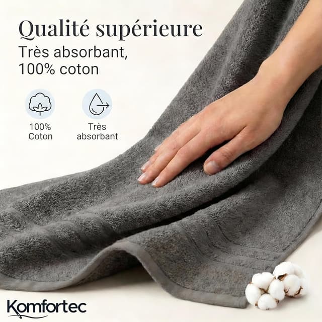 Detalle 2 de Drap de bain Komfortec 100x200 cm en 100% coton gris anthracite