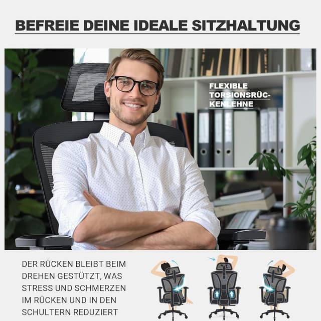 Detalle 2 de MELOKEA Bürostuhl ergonomisch mit 4D-Armlehnen, verstellbarer Sitztiefe & Lordosenstütze (bis 200 kg)