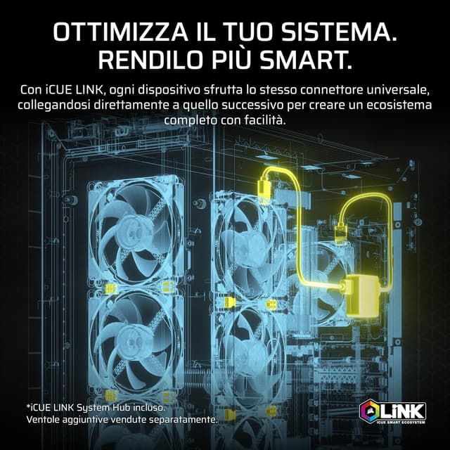 Detalle de CORSAIR iCUE LINK TITAN 280 RX RGB (280mm) con 2 ventole RX140 RGB e Hub iCUE LINK incluso