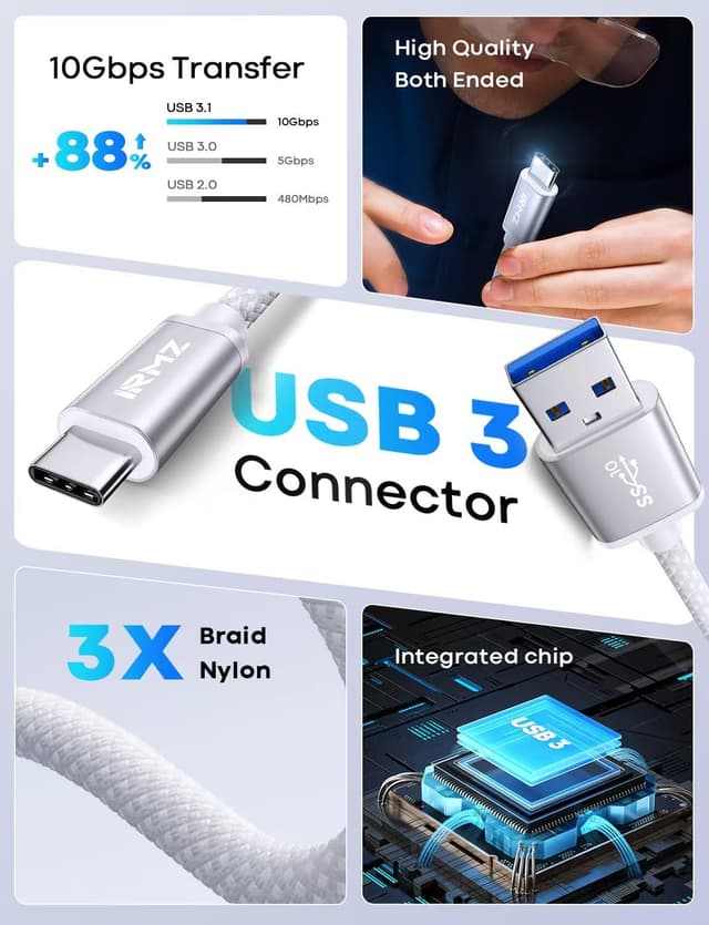 Detalle de USB-C Data Cable 6ft (USB 3.1 Gen 2) 10Gbps USB-A to USB-C for iPhone, Galaxy, Android Auto, and Portable SSDs