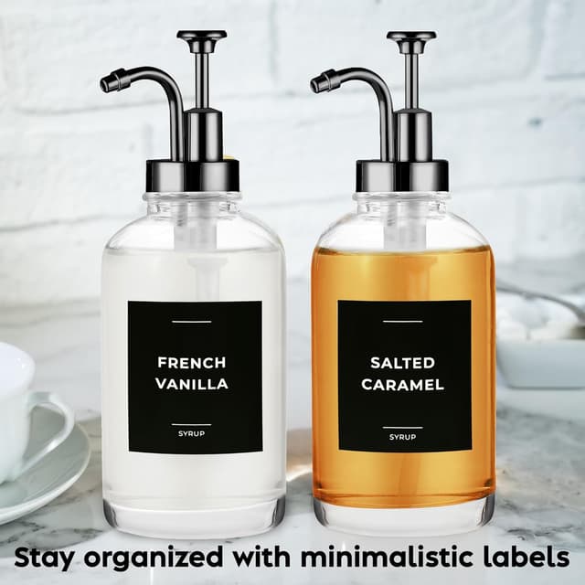 Detalle 2 de Spaceneat Coffee Syrup Dispenser with Pump (Glass, 500 ml) – Set of 4 with 24 flavour labels, cleaning brush & funnel