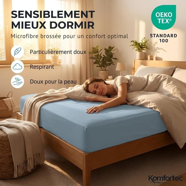Detalle de Komfortec Drap housse 200x200 cm en microfibre brossée douce (bonnet 30 cm) gris