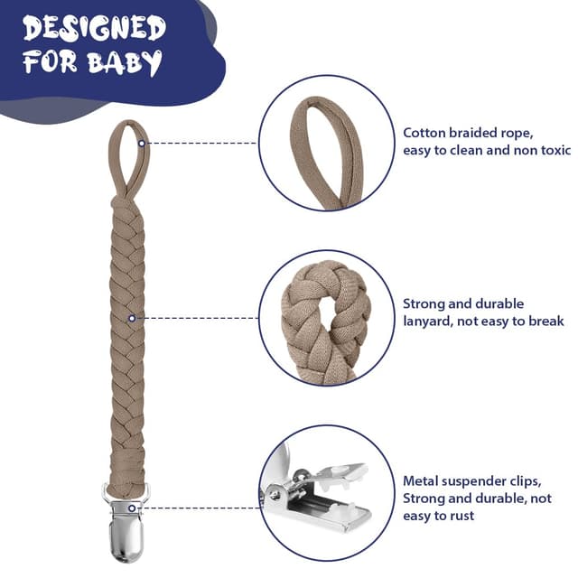Detalle de Aolso Schnullerketten aus Baumwolle (4er Set) mit Clips & Silikonadaptern – Königsblau/Grün/Braun/Grau