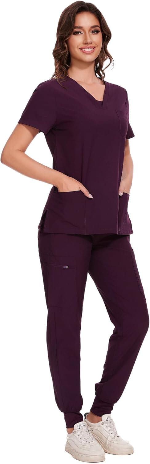 Detalle de COZYFIT Women’s V-Neck Scrub Top & Cargo Pants Set with 10 Pockets