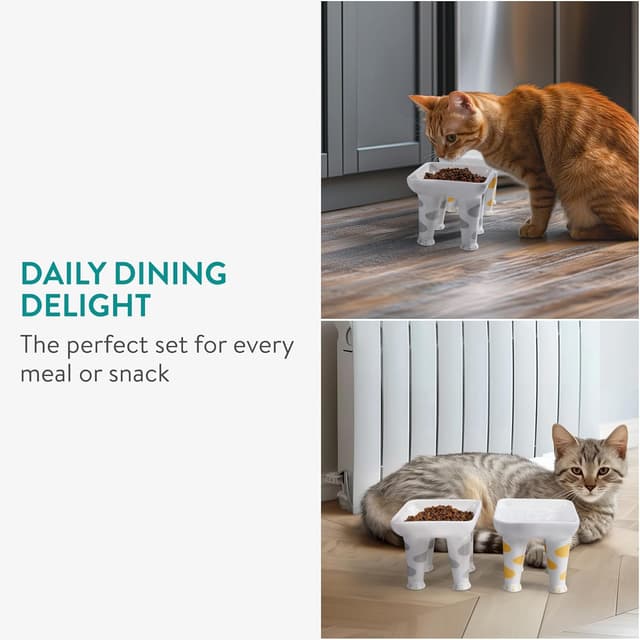 Detalle de Navaris Cat Bowls with Paws – Raised anti-vomiting ceramic cat food bowls (400 ml, 2 pack)