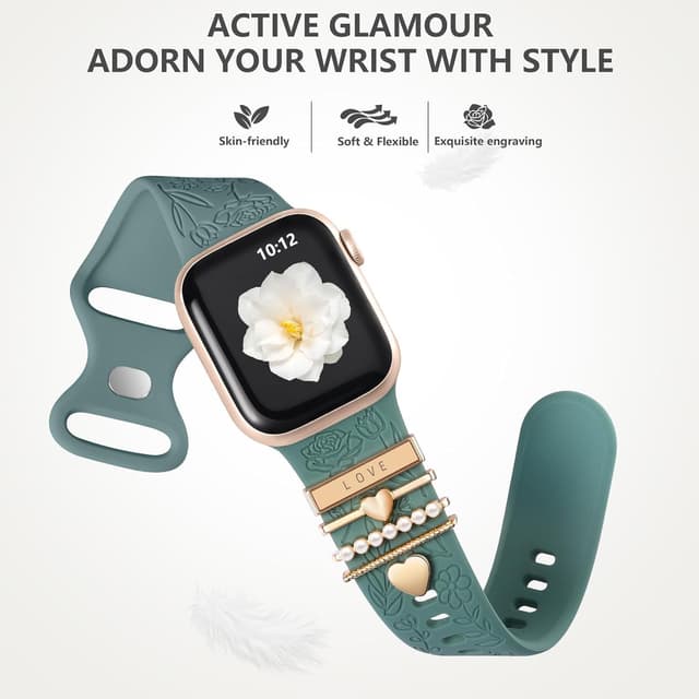 Detalle de Cinturino inciso con fiori e decorazioni per Apple Watch in silicone (compatibile 38/40/41/42/44/45/46 mm, Serie 1–11, Ultra, SE)