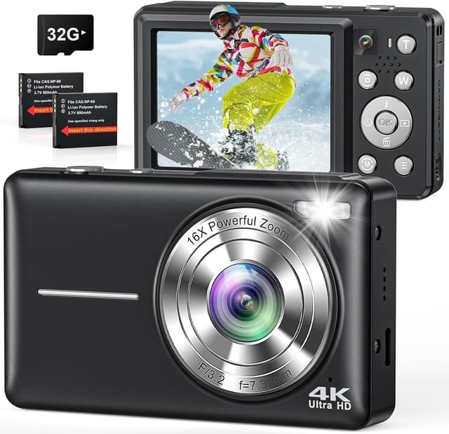 Detalle de Camkory 4K 64MP Digital Camera (Compact Point-and-Shoot with Dual Camera, Auto Focus, 16X Zoom) — Black