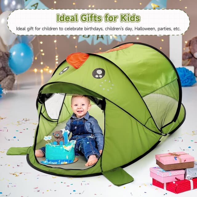 Detalle 2 de BTGGG kids pop up tent (green dinosaur) for indoor & outdoor play, foldable portable toddler playhouse