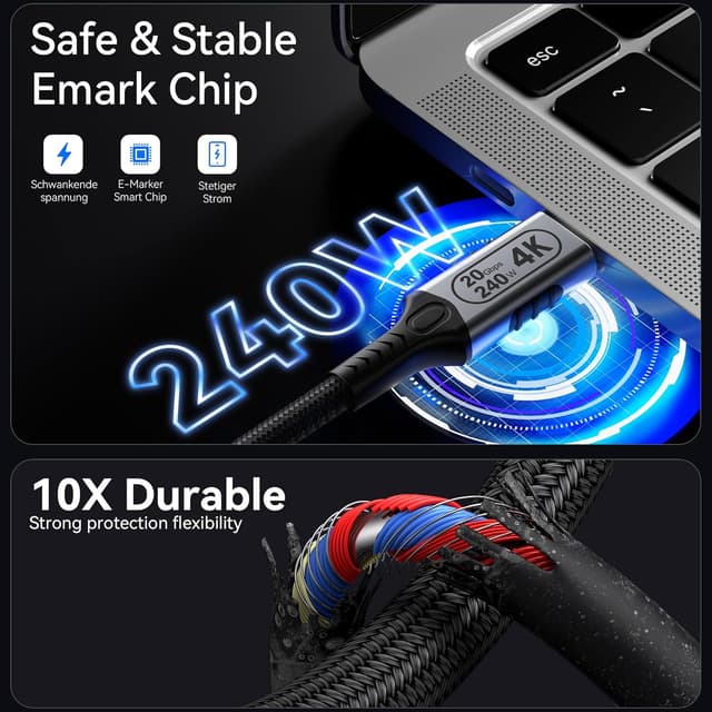 Detalle de BAWIOFIAU USB‑C-Braiding-Kabel (USB 3.2 Gen 2) – kurz 0,25 m, bis 20 Gbps, 4K@60Hz, bis 240 W