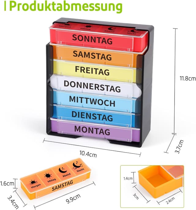 Detalle de Opret 7-Tage Tablettenbox mit 4 Fächern (morgens, mittags, abends, nachts) – schiebbares Design