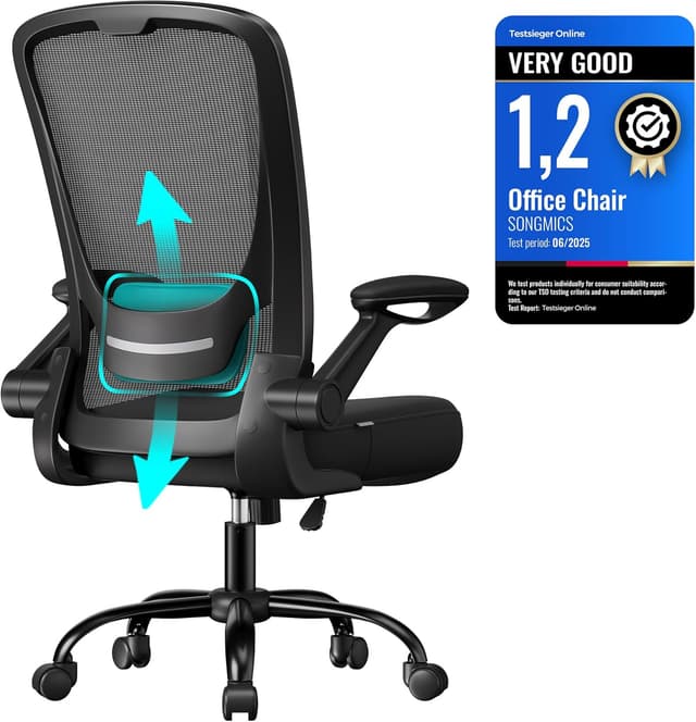 Detalle de SONGMICS Office Chair OBN37BKUK with mesh back, adjustable lumbar support and flip-up armrests