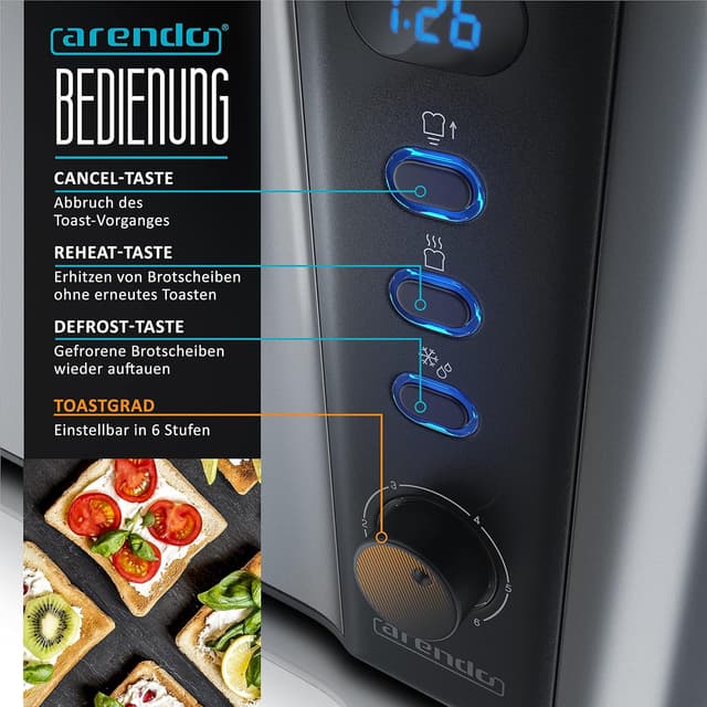 Detalle de Arendo Frukost 2-Scheiben Langschlitztoaster (Defrost, Doppelwandgehäuse, Brötchenaufsatz) – Cool Grey