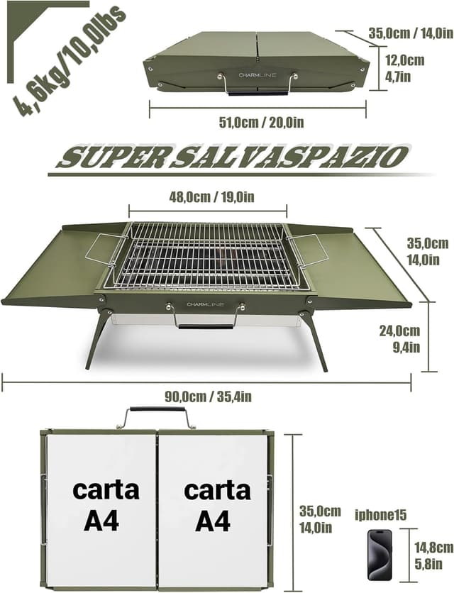 Detalle de Charmline barbecue portatile da tavolo in carbonella 51x35 cm verde