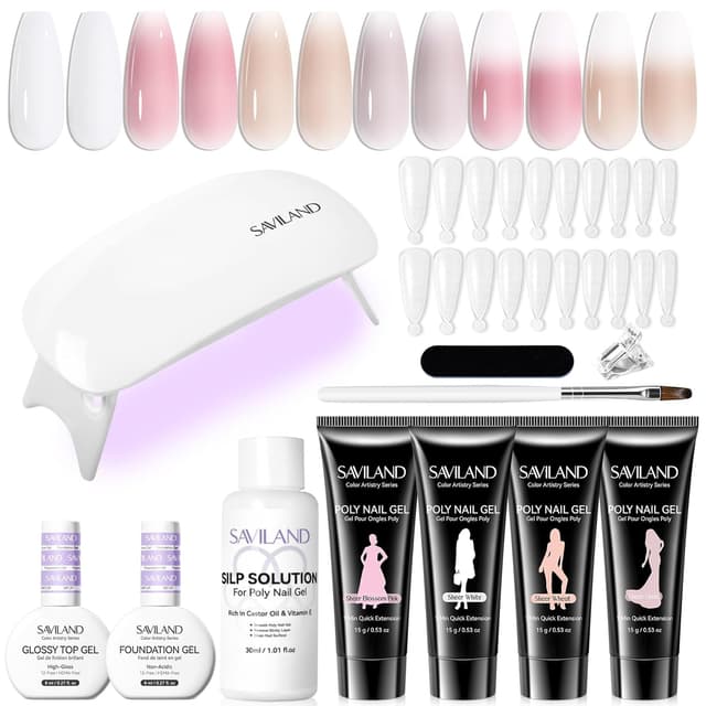 Detalle de SAVILAND Polygel Starter Set mit UV-Lampe – 4 Farben (Weiß, Rosa, Nude, Weizen) für DIY-Nagelverlängerungen