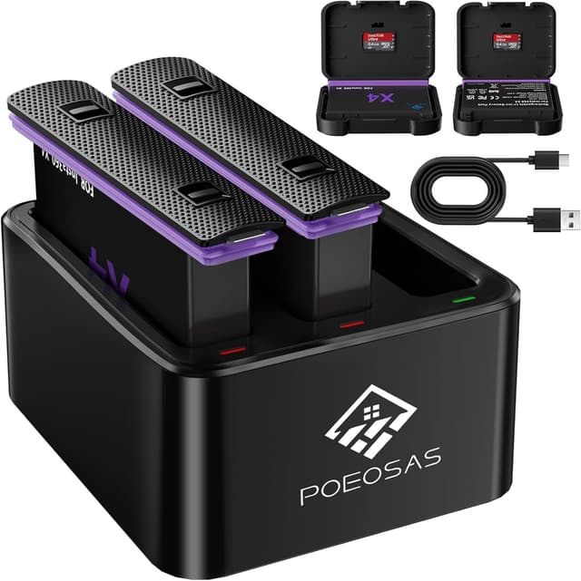 Thumbnail 6 de POEOSAS 360 X4 Akku für Insta360 X4 – 2er-Set 2500 mAh + 3-Kanal USB‑C Schnellladegerät