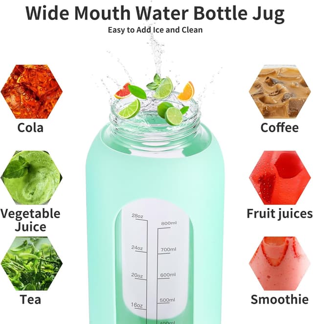 Detalle de EALGRO 64 oz Glass Water Bottle With Straw and Handle (Black) — Half-Gallon Motivational Hydration Jug