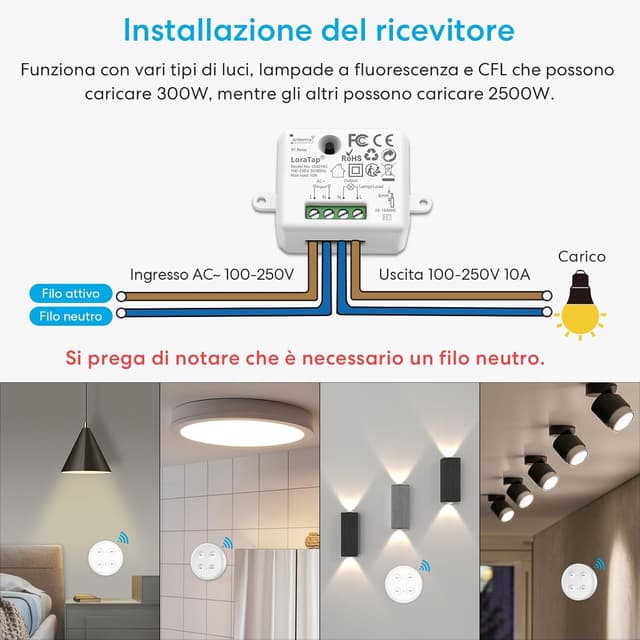 Detalle 2 de LoraTap Paio Interruttore Wireless con Base Magnetica e 2 Ricevitori a Relè + Telecomando 200 m, On/Off