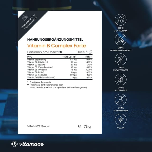 Detalle de Vitamin B-Komplex extra hochdosiert – 120 vegane Tabletten für 4 Monate mit B1 bis B12 (Methylcobalamin)