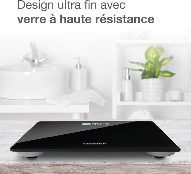 Thumbnail 6 de Citizen HMS324 : pèse-personne numérique haute précision ultra-fin en verre trempé, Step-On (noir)