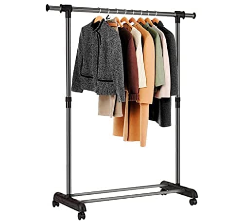 Detalle de edihome Burro Ropa y Perchero colgador con ruedas (43x160x150 cm) metálico y ajustable