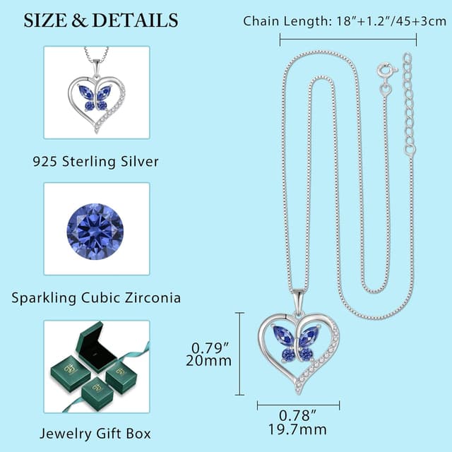 Detalle de FJ Herz Schmetterling Kette aus 925 Sterlingsilber mit Geburtsstein & Anhänger (Damen)