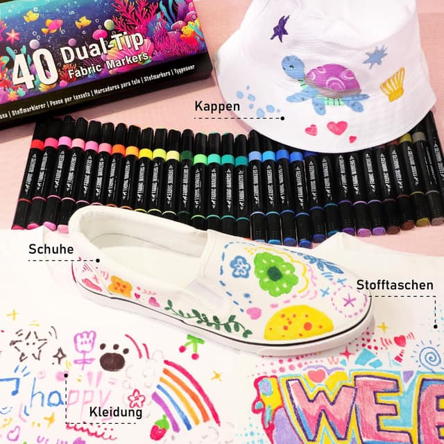 Detalle de Pamaker 40 Textilstifte Dual Tip – waschmaschinenfest, permanent & wasserfest für Shirts, Taschen und mehr
