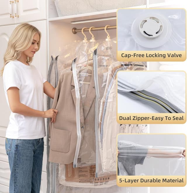 Detalle de TAILI Hängende Vakuumbeutel für Kleidung (4er-Set) mit Kleiderhaken – Vakuumierbeutel zum Platzsparen