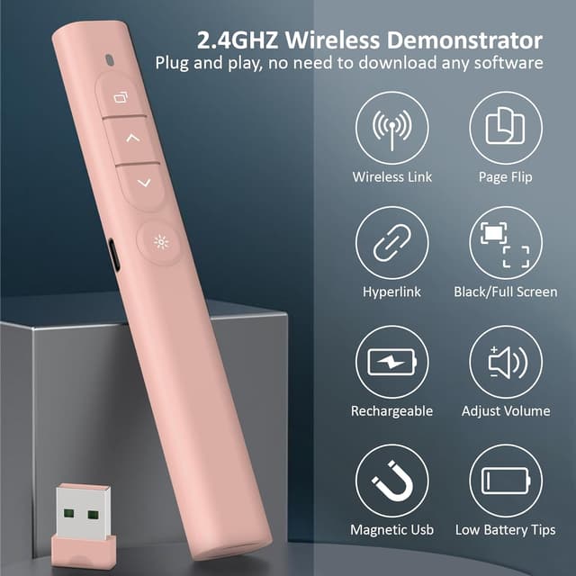 Detalle de SunnyOcean Télécommande PowerPoint rechargeable 2.4GHz rose